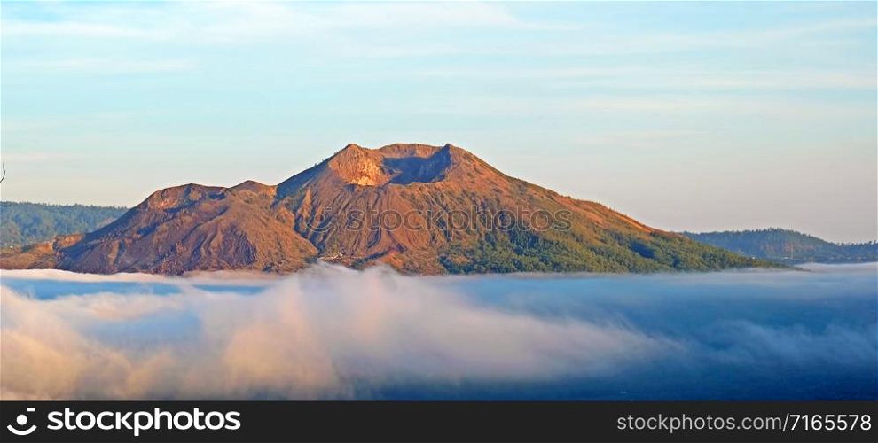 Aerial panorama from Mt. Batur on Bali Indonesia at sunrise