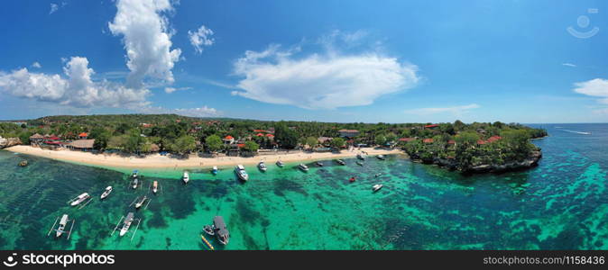 Aerial panorama from Mushroom bay harbor on Nusa Lembongan Bali Indonesia