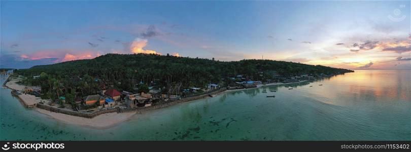 Aerial panorama from Nusa Ceningan in Indonesia at sunset