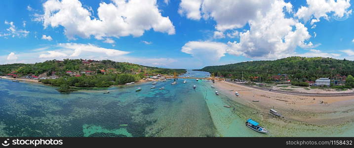 Aerial panorama from Nusa Lembongan and Nusa Ceningan in Indonesia