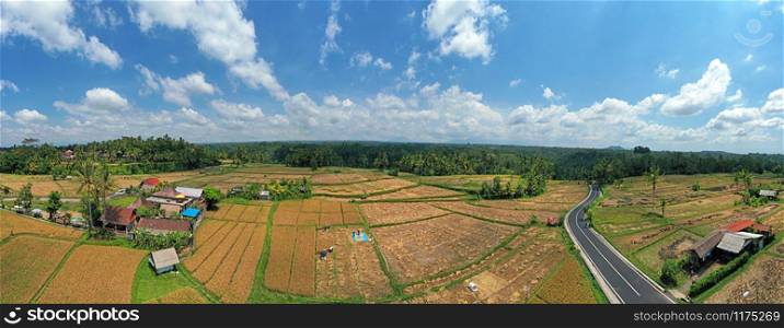 Aerial panorama from rice fields in Sidemen on Bali Indonesia
