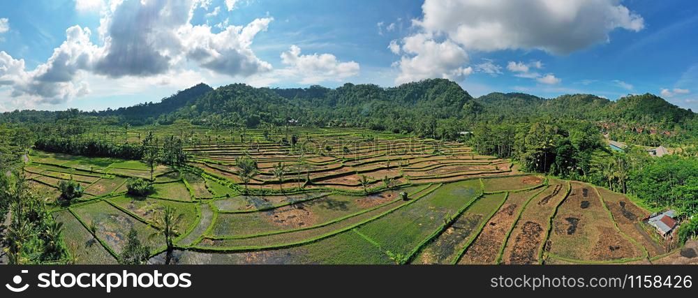 Aerial panorama from rice terraces in Sidemen on Bali Indonesia