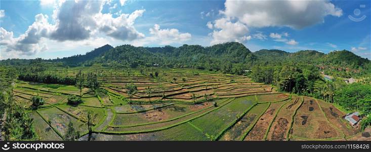 Aerial panorama from rice terraces in Sidemen on Bali Indonesia