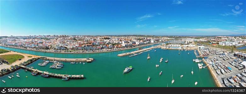 Aerial panorama from the harbor and city Lagos in the Algarve Portugal