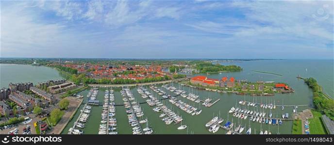 Aerial Panorama from the harbor and the historical city Enkhuizen in the Netherlands