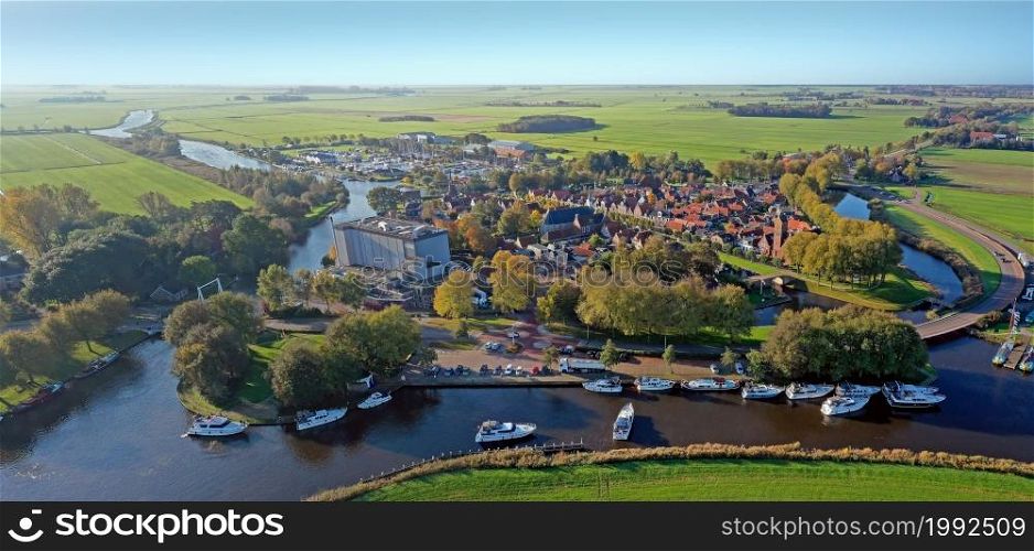 Aerial panorama from the historical city Sloten in Friesland the Netherlands
