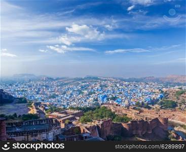 Aerial panorama of Jodhpur, also known as Blue City due to the vivid blue-painted Brahmin houses. View from Mehrangarh Fort part of fortifications is also visible. Jodphur, Rajasthan, India