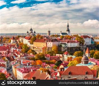 Aerial panorama of Old town with Town hall and Toompea hill, view from the tower of St. Olaf church, Tallinn, Estonia. Aerial panorama of Old town, Tallinn, Estonia