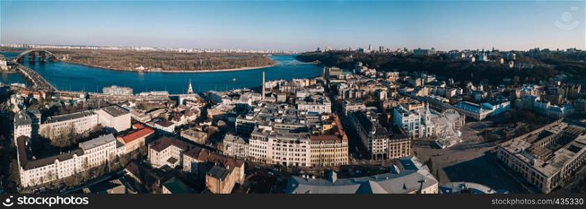Aerial panorama of Podil district in Kyiv, Ukraine