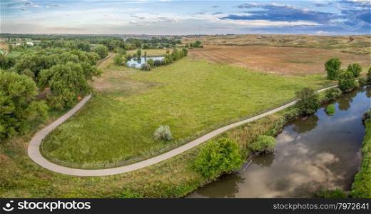 aerial panorama of Poudre River Trail bear Windsor, Colorado - a paved bike trail extending for more than 20 miles between Timnath and Greeley