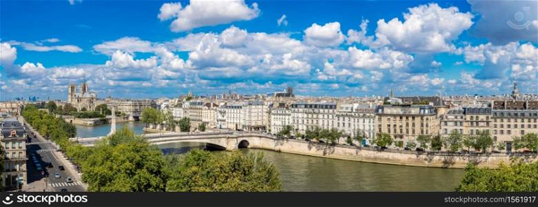 Aerial panorama of Seine and Notre Dame de Paris in summer day