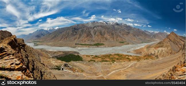 Aerial panorama of Spiti valley and Key gompa in Himalayas. Spiti valley, Himachal Pradesh, India