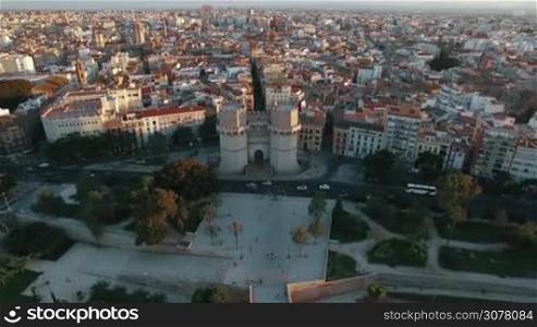 Aerial panorama of Valencia with ancient Serranos Towers built between 1392 and 1398. Historical city landmark, Spain