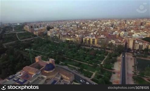 Aerial panorama of Valencia with green parks and city centre, Spain