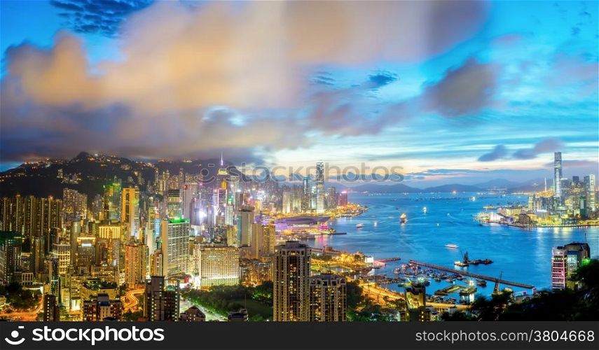 Aerial Panorama shot of Hong Kong cityscape Skyline from braemar hill at dusk