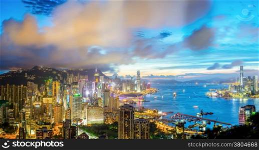 Aerial Panorama shot of Hong Kong cityscape Skyline from braemar hill at dusk