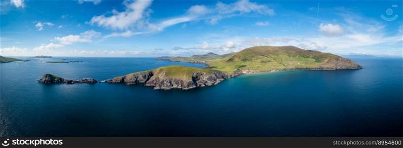 aerial panorama view of Slea Head and the Dingle Peninsula in County Kerry of western Ireland