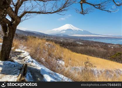 Aerial panorama view point of Mount Fuji at Yamanaka Lake in Winter
