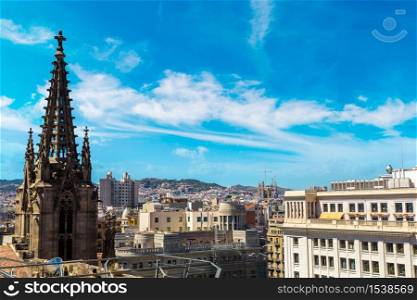 Aerial panoramic view from cathedral of Holy Cross in Barcelona in a beautiful summer day, Catalonia, Spain