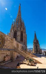 Aerial panoramic view from cathedral of Holy Cross in Barcelona in a beautiful summer day, Catalonia, Spain