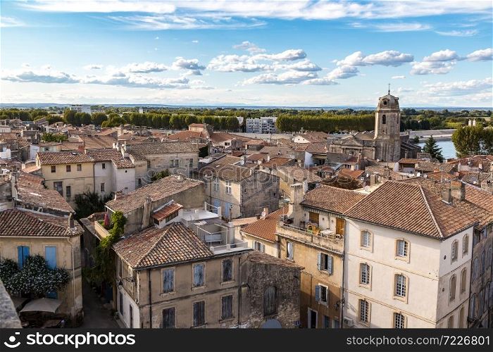 Aerial panoramic view of Arles, France in a beautiful summer day