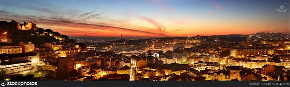 Aerial panoramic view of Lisbon at beautiful twilight. Portugal