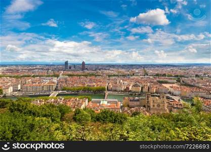Aerial panoramic view of Lyon, France in a beautiful summer day