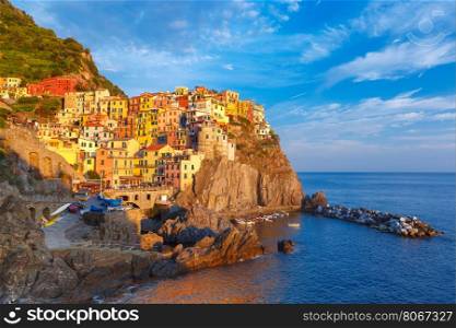Aerial panoramic view of Manarola fishing village in Five lands, Cinque Terre National Park in the evening, Liguria, Italy.