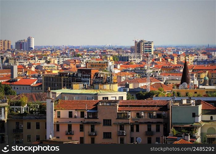 Aerial panoramic view of Milan on sunny day in Italy .. Aerial panoramic view of Milan on sunny day in Italy