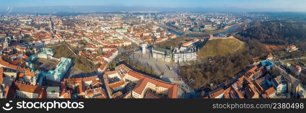 Aerial panoramic view of old town and distant modern part of Vilnius, Lithuania