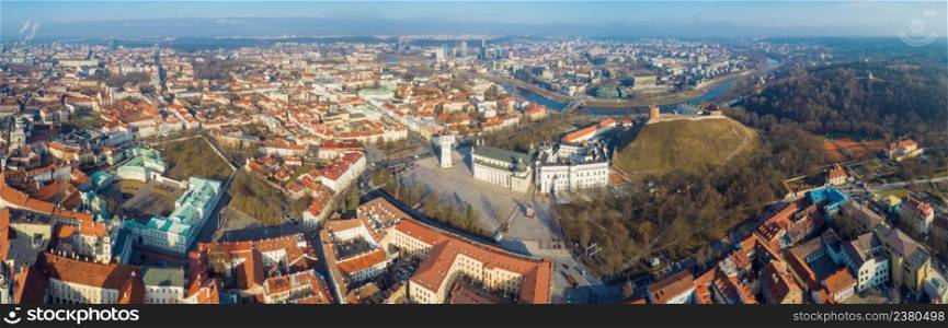 Aerial panoramic view of old town and distant modern part of Vilnius, Lithuania