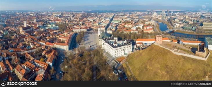 Aerial panoramic view of old town and modern part of Vilnius, Gediminas Tower on the hill is on foreground, Lithuania
