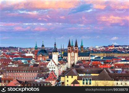 Aerial panoramic view of Old Town with cathedral and Town Hall in Wurzburg at sunset, Franconia, Bavaria, Germany. Wurzburg at sunset, Northern Bavaria, Germany
