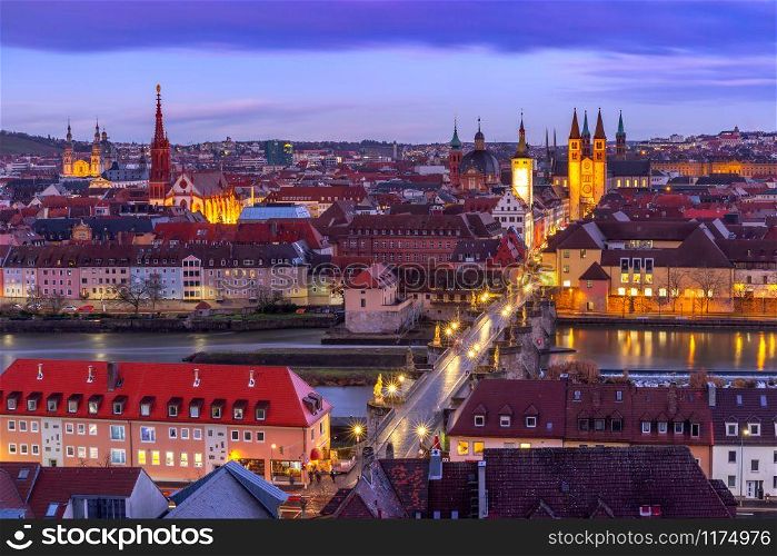 Aerial panoramic view of Old Town with cathedral, city hall and Alte Mainbrucke in Wurzburg, part of the Romantic Road, Franconia, Bavaria, Germany. Wurzburg, Franconia, Northern Bavaria, Germany