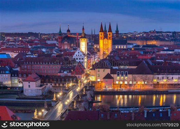 Aerial panoramic view of Old Town with cathedral, city hall and Alte Mainbrucke in Wurzburg, part of the Romantic Road, Franconia, Bavaria, Germany. Wurzburg, Franconia, Northern Bavaria, Germany