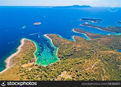 Aerial panoramic view of Palmizana, sailing cove and turquoise beach on Pakleni Otoci islands, archipelago of Hvar in Croatia