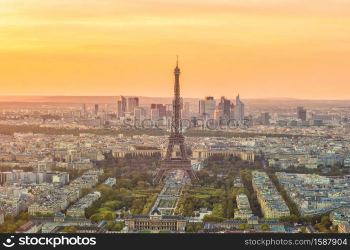 Aerial panoramic view of Paris skyline, France at sunset