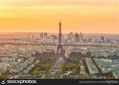 Aerial panoramic view of Paris skyline, France at sunset