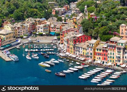 Aerial panoramic view of picturesque harbour of Portofino fishing village on the Italian Riviera, Liguria, Italy.