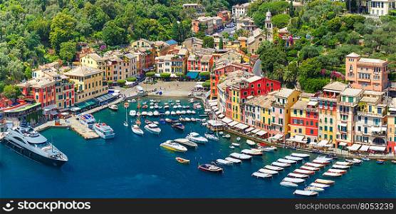 Aerial panoramic view of picturesque harbour of Portofino fishing village on the Italian Riviera, Liguria, Italy.