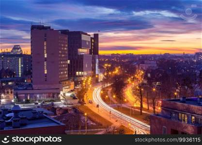 Aerial panoramic view of Poznan with Independence Avenue at sunset, Poland. Aerial view of Poznan at sunset, Poland