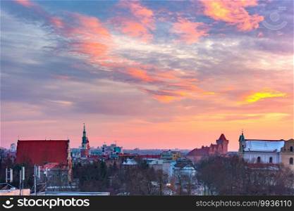 Aerial panoramic view of Poznan with Town Hall and Royal Castle at sunset, Poland. Aerial view of Poznan at sunset, Poland