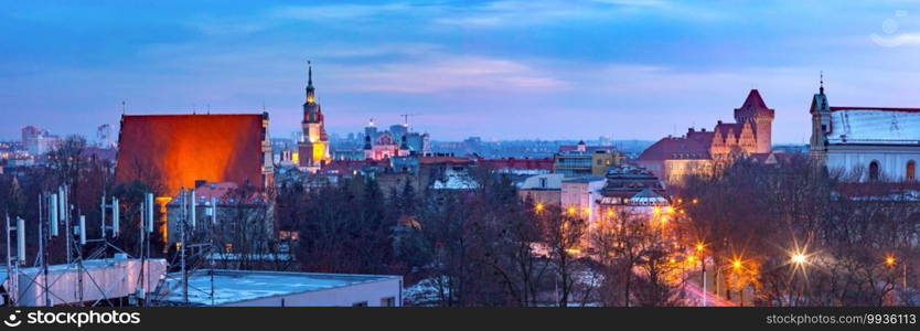 Aerial panoramic view of Poznan with Town Hall and Royal Castle at sunset, Poland. Aerial view of Poznan at sunset, Poland