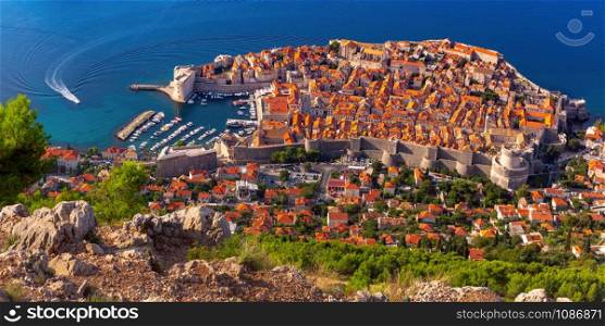 Aerial panoramic view of The Old Town of Dubrovnik with City wall, towers, forts and Old Harbour in Dubrovnik, Croatia. Old Town of Dubrovnik, Croatia