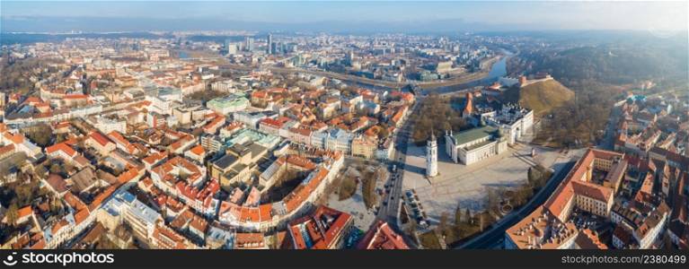 Aerial panoramic view of Vilnius old town, business district and river Neris, Lithuania
