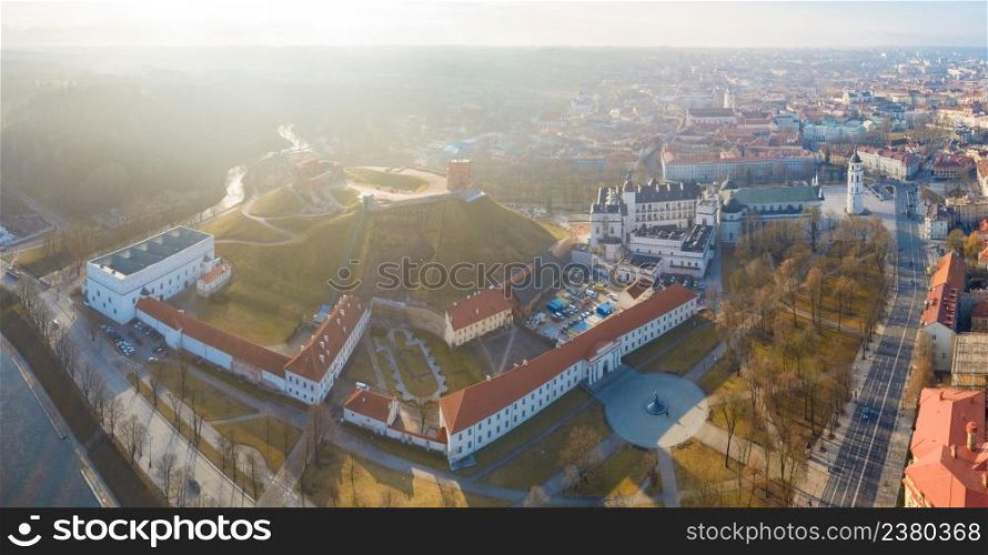 Aerial panoramic view of Vilnius old town, Gediminas Tower on the hill is on foreground, Lithuania