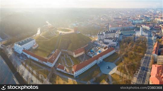 Aerial panoramic view of Vilnius old town, Gediminas Tower on the hill is on foreground, Lithuania