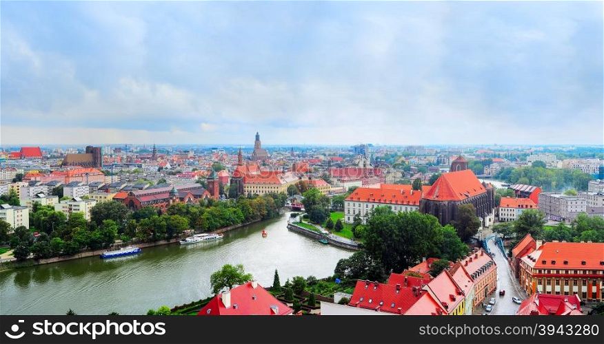 Aerial panoramic view on Wroclaw in the rainy day. Wroclaw is the historical capital of Silesia. Poland