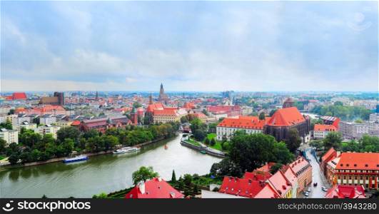 Aerial panoramic view on Wroclaw in the rainy day. Wroclaw is the historical capital of Silesia. Poland