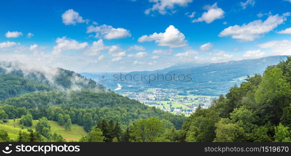 Aerial panoramica view of Salzkammergut, Austria in a beautiful summer day